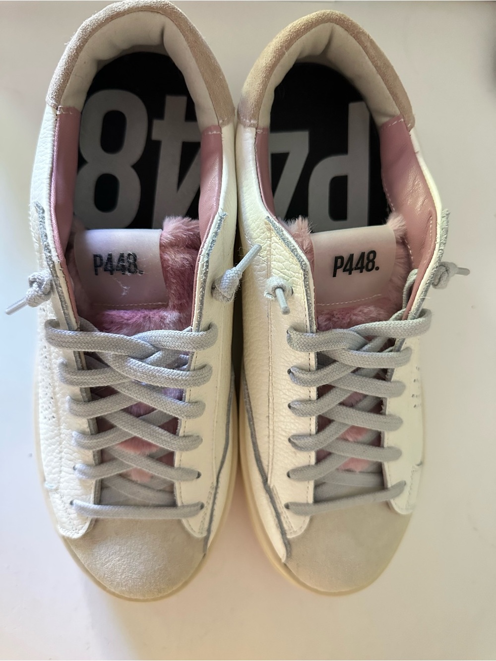 P448 Women's White Sneakers with Pink Plush Tongue and Beige Accents never worn